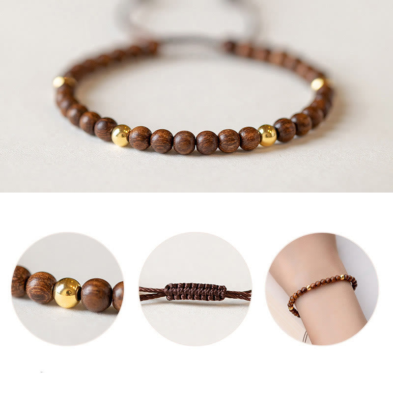 Fortune Jewel 4mm Ultra-thin Sandalwood 14K Gold Plated Copper Beads Protection Bracelet