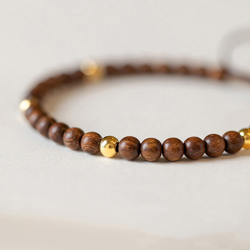 Fortune Jewel 4mm Ultra-thin Sandalwood 14K Gold Plated Copper Beads Protection Bracelet