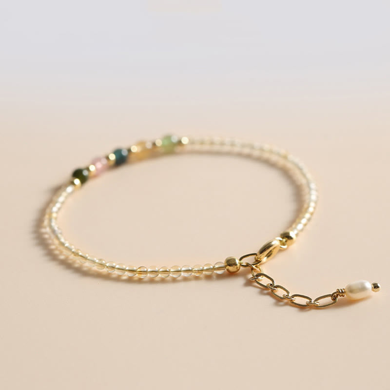 Fortune Jewel 2.5mm Ultra-thin Citrine Tourmaline 14K Gold Filled Copper Beads Prosperity Bracelet