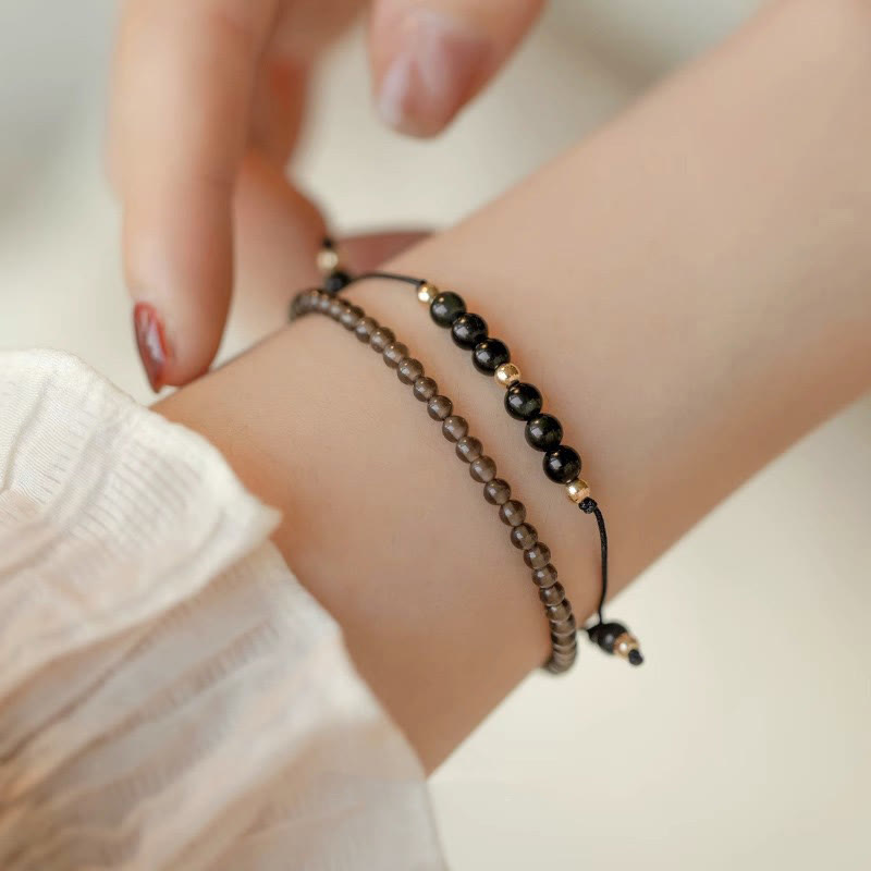 Fortune Jewel Smoky Quartz Black Obsidian Ultra-thin Beads Success Bracelet
