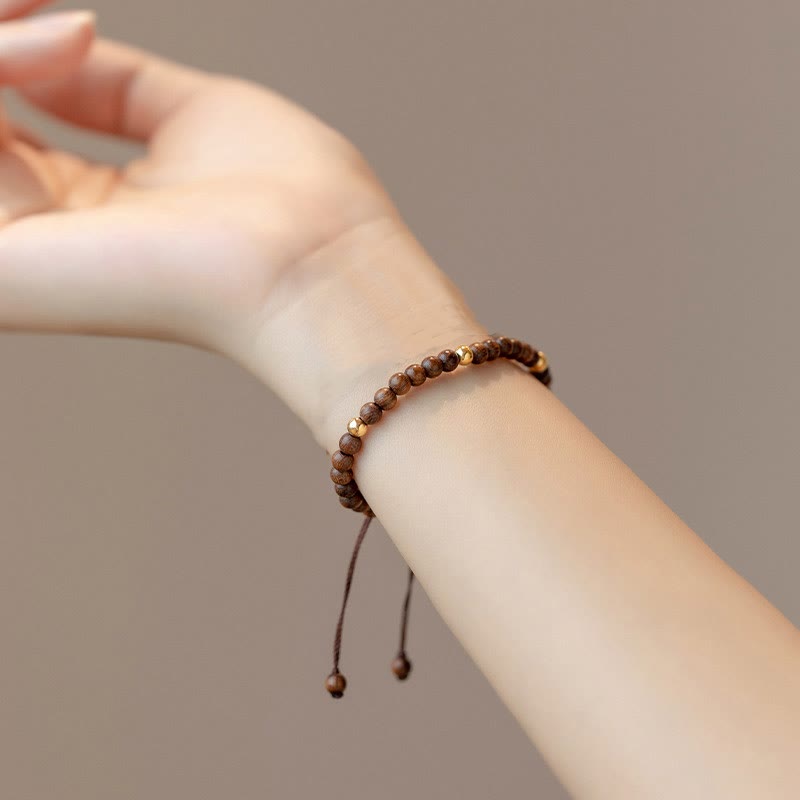 Fortune Jewel 4mm Ultra-thin Sandalwood 14K Gold Plated Copper Beads Protection Bracelet