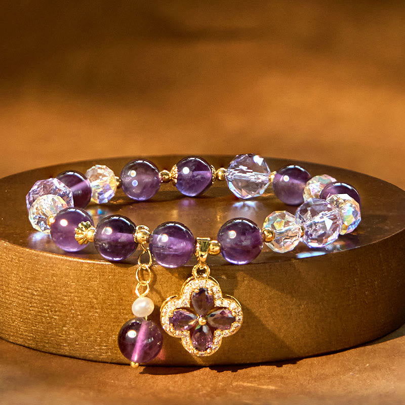 Fortune Jewel Natural Amethyst Crystal Four Leaf Clover Spiritual Healing Bracelet