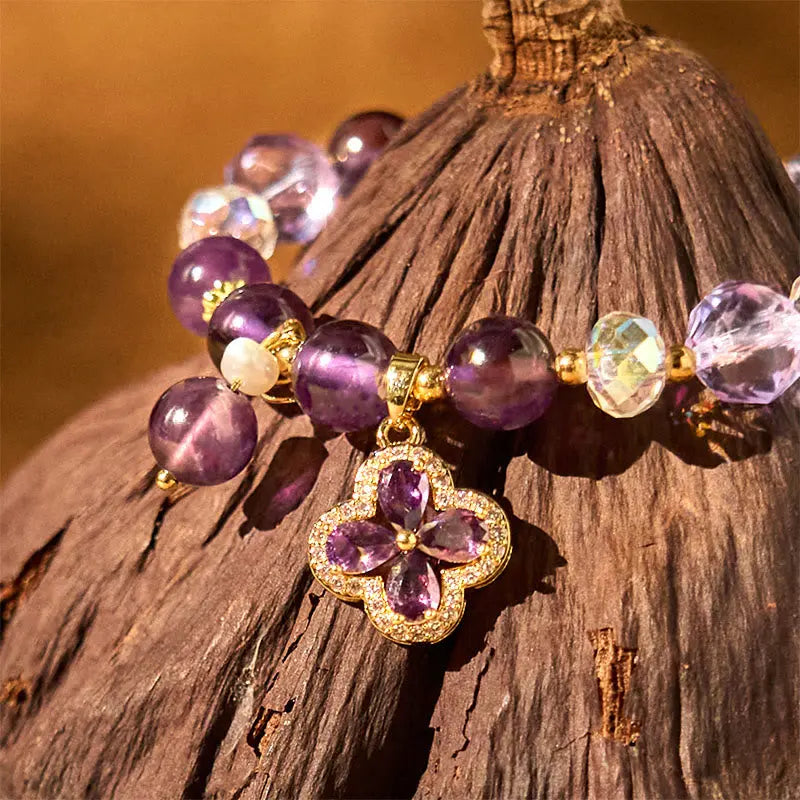 Buddha Stones "All the best for Calm and Wisdom" Amethyst Flower Bracelet Includes Gift Message Card Fortune Jewel