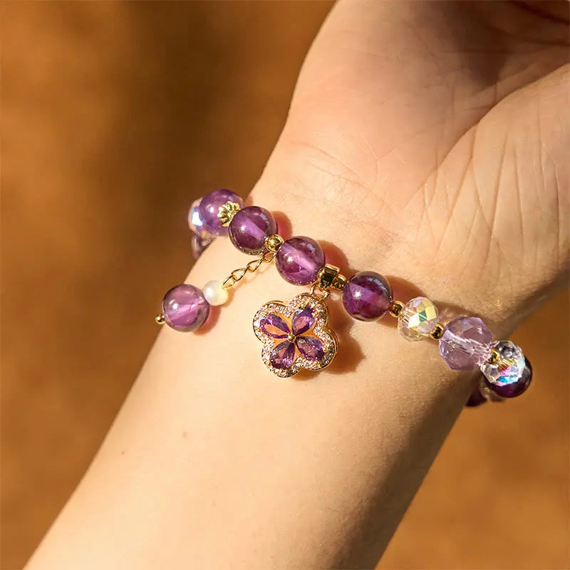 Buddha Stones "All the best for Calm and Wisdom" Amethyst Flower Bracelet Includes Gift Message Card Fortune Jewel