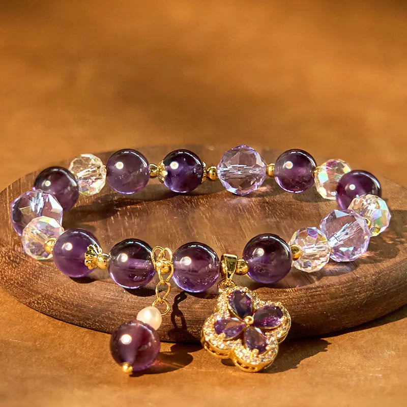 Buddha Stones "All the best for Calm and Wisdom" Amethyst Flower Bracelet Includes Gift Message Card Fortune Jewel