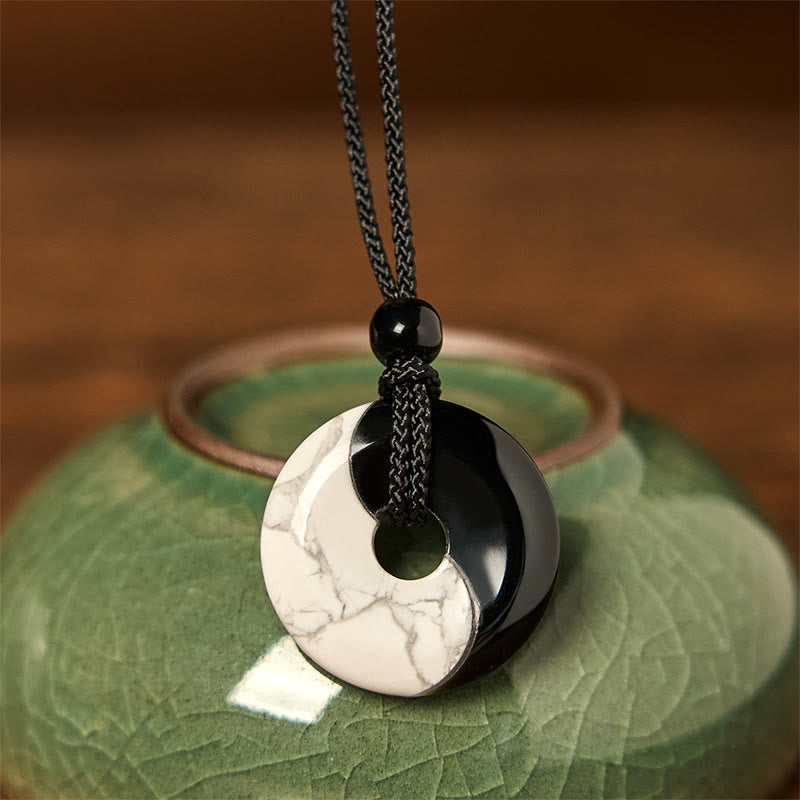 Fortune Jewel Natural Black Obsidian White Turquoise Yin Yang Peace Buckle Design Braided String Strength Necklace Pendant
