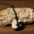 Fortune Jewel Natural Black Obsidian White Turquoise Yin Yang Peace Buckle Design Braided String Strength Necklace Pendant