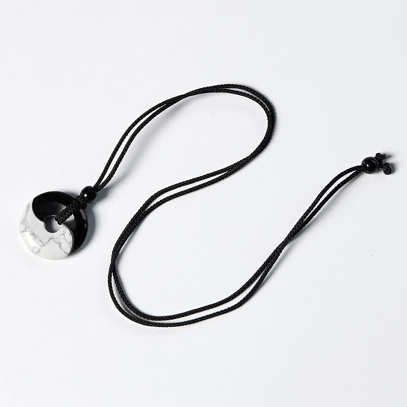 Fortune Jewel Natural Black Obsidian White Turquoise Yin Yang Peace Buckle Design Braided String Strength Necklace Pendant
