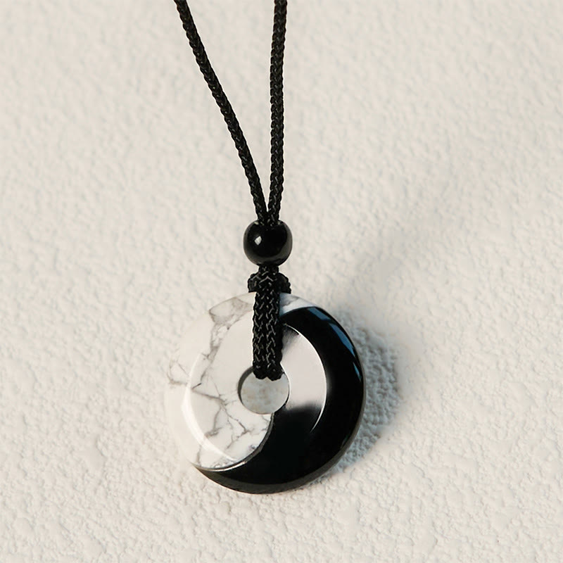 Fortune Jewel Natural Black Obsidian White Turquoise Yin Yang Peace Buckle Design Braided String Strength Necklace Pendant