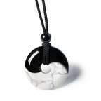 Fortune Jewel Natural Black Obsidian White Turquoise Yin Yang Peace Buckle Design Braided String Strength Necklace Pendant