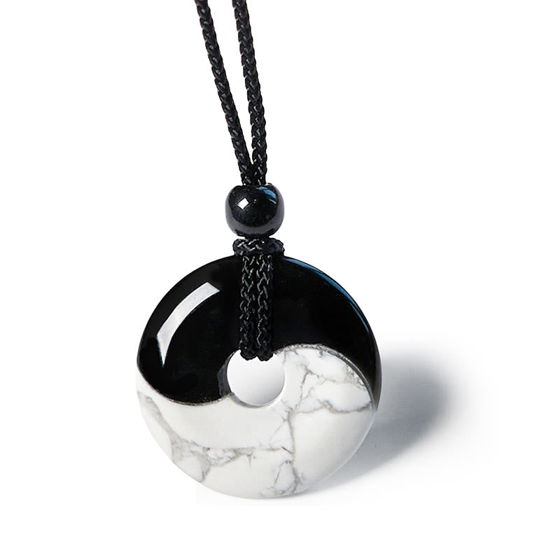 Fortune Jewel Natural Black Obsidian White Turquoise Yin Yang Peace Buckle Design Braided String Strength Necklace Pendant
