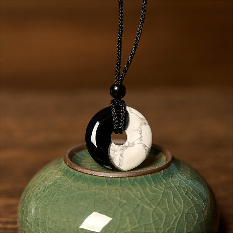 Fortune Jewel Natural Black Obsidian White Turquoise Yin Yang Peace Buckle Design Braided String Strength Necklace Pendant