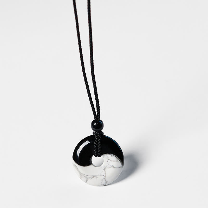 Fortune Jewel Natural Black Obsidian White Turquoise Yin Yang Peace Buckle Design Braided String Strength Necklace Pendant