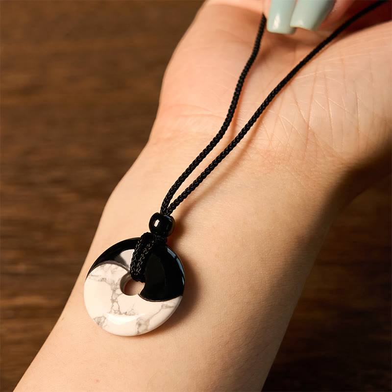 Fortune Jewel Natural Black Obsidian White Turquoise Yin Yang Peace Buckle Design Braided String Strength Necklace Pendant