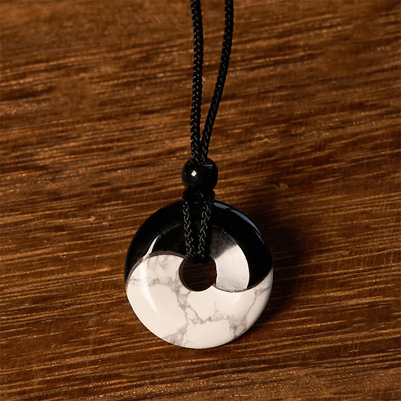 Fortune Jewel Natural Black Obsidian White Turquoise Yin Yang Peace Buckle Design Braided String Strength Necklace Pendant
