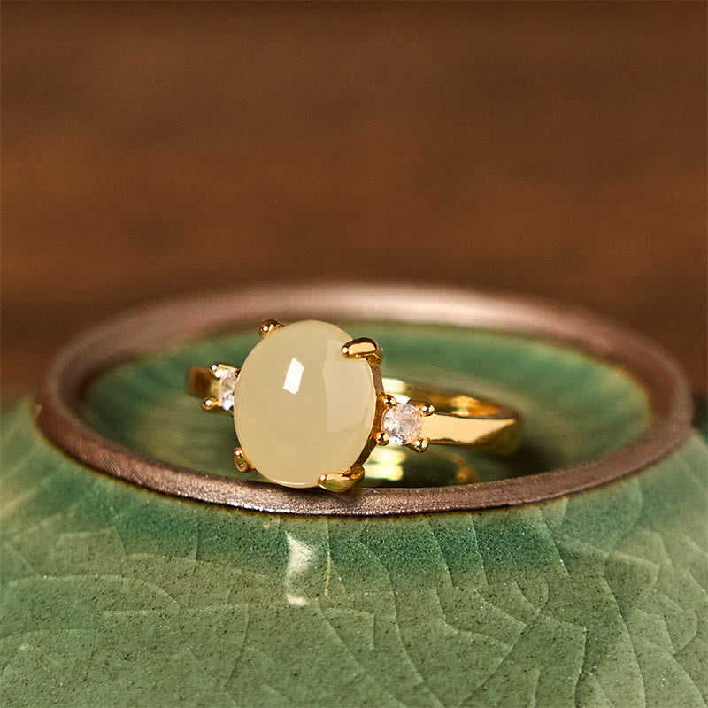 Fortune Jewel Natural Hetian Jade Zirconia Egg Copper Prosperity Ring
