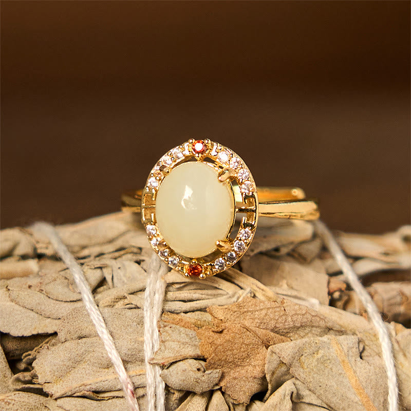 Fortune Jewel Natural Hetian Jade Zirconia Egg Copper Open Luck Ring