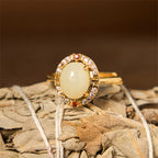 Fortune Jewel Natural Hetian Jade Zirconia Egg Copper Open Luck Ring