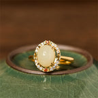 Fortune Jewel Natural Hetian Jade Zirconia Egg Copper Open Luck Ring