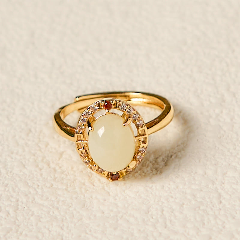 Fortune Jewel Natural Hetian Jade Zirconia Egg Copper Open Luck Ring