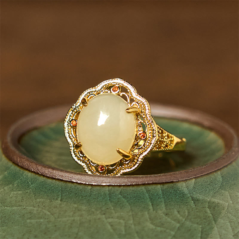 Fortune Jewel Natural Hetian Jade Vintage Egg Copper Open Luck Ring