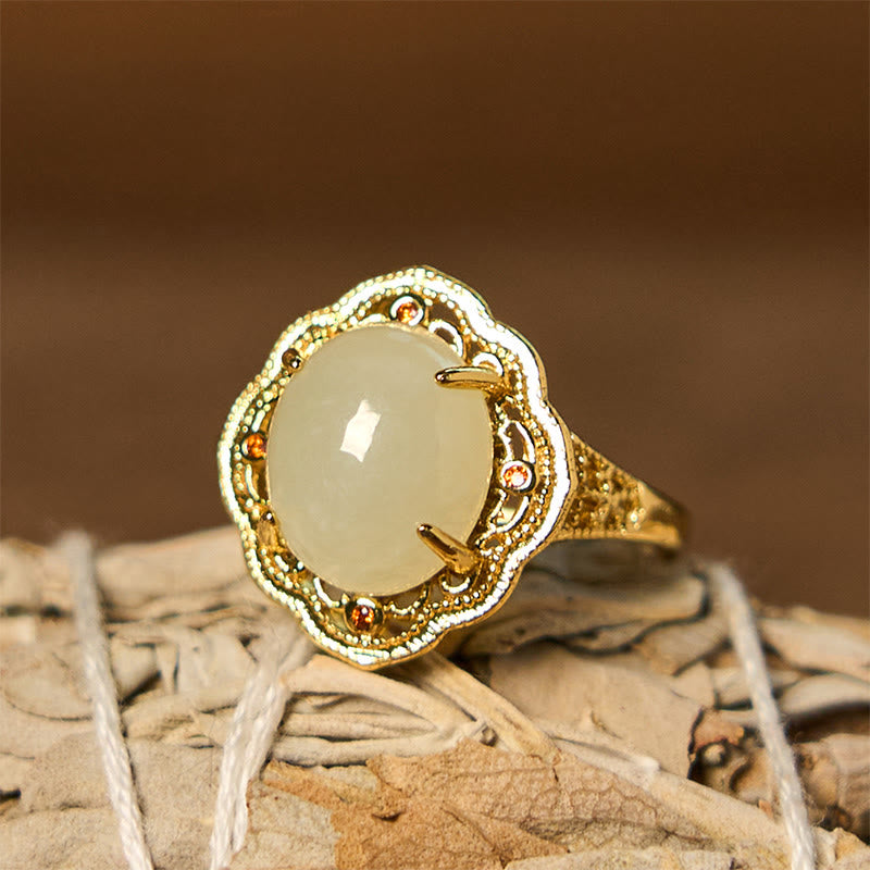 Fortune Jewel Natural Hetian Jade Vintage Egg Copper Open Luck Ring