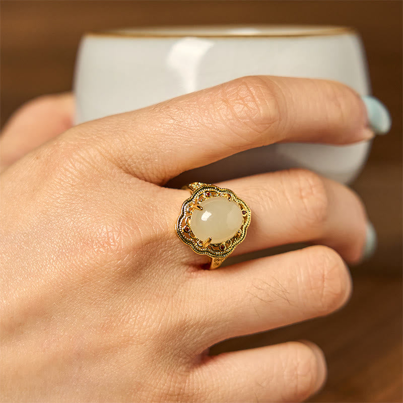 Fortune Jewel Natural Hetian Jade Vintage Egg Copper Open Luck Ring