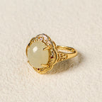 Fortune Jewel Natural Hetian Jade Vintage Egg Copper Open Luck Ring