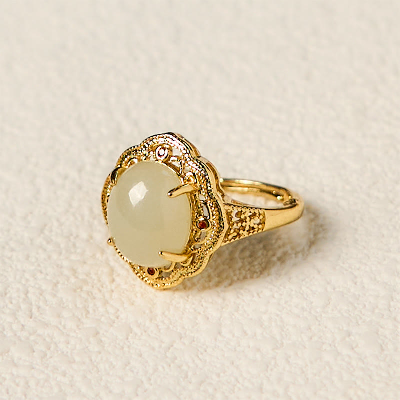 Fortune Jewel Natural Hetian Jade Vintage Egg Copper Open Luck Ring