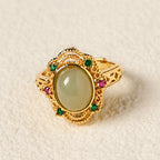 Fortune Jewel Natural Hetian Jade Egg Hollow Pattern Copper Open Luck Ring