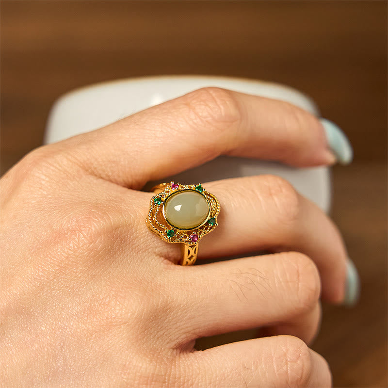 Fortune Jewel Natural Hetian Jade Egg Hollow Pattern Copper Open Luck Ring