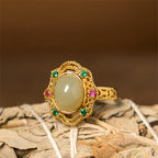 Fortune Jewel Natural Hetian Jade Egg Hollow Pattern Copper Open Luck Ring