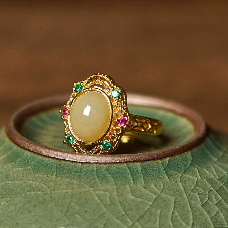 Fortune Jewel Natural Hetian Jade Egg Hollow Pattern Copper Open Luck Ring
