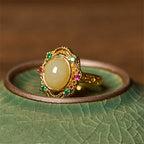 Fortune Jewel Natural Hetian Jade Egg Hollow Pattern Copper Open Luck Ring