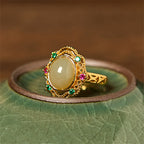 Fortune Jewel Natural Hetian Jade Egg Hollow Pattern Copper Open Luck Ring