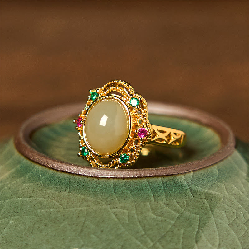 Fortune Jewel Natural Hetian Jade Egg Hollow Pattern Copper Open Luck Ring