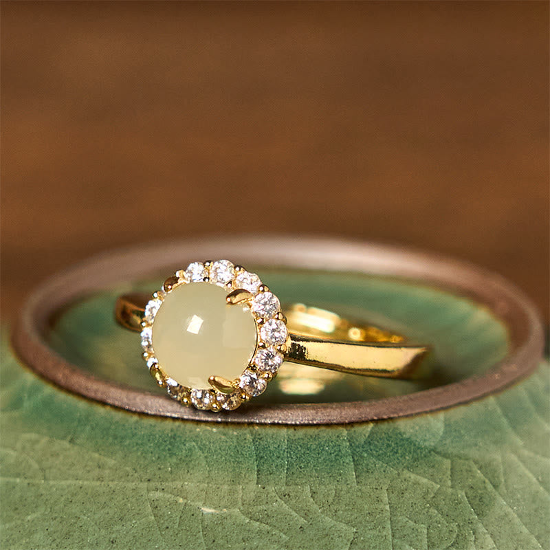 Fortune Jewel Natural Hetian Jade Egg Copper Open Luck Prosperity Ring