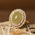 Fortune Jewel Natural Hetian Jade Egg Hollow Double Circle Zirconia Copper Open Abundance Ring