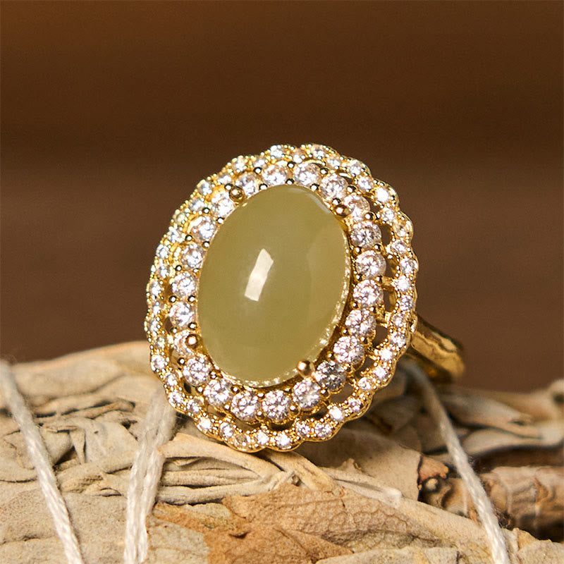 Fortune Jewel Natural Hetian Jade Egg Hollow Double Circle Zirconia Copper Open Abundance Ring