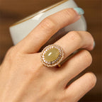 Fortune Jewel Natural Hetian Jade Egg Hollow Double Circle Zirconia Copper Open Abundance Ring
