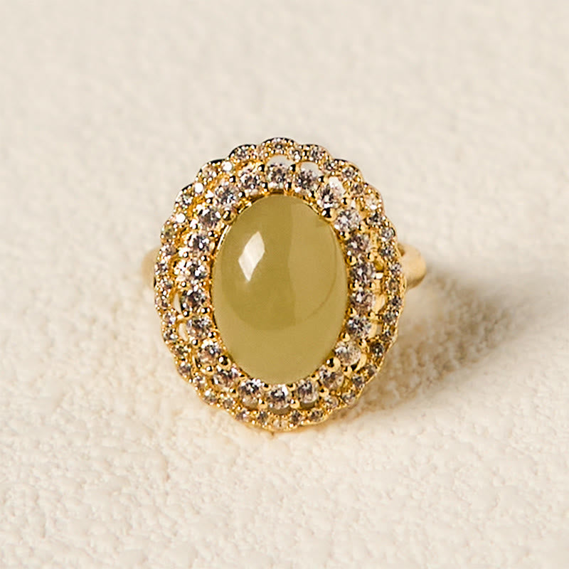 Fortune Jewel Natural Hetian Jade Egg Hollow Double Circle Zirconia Copper Open Abundance Ring