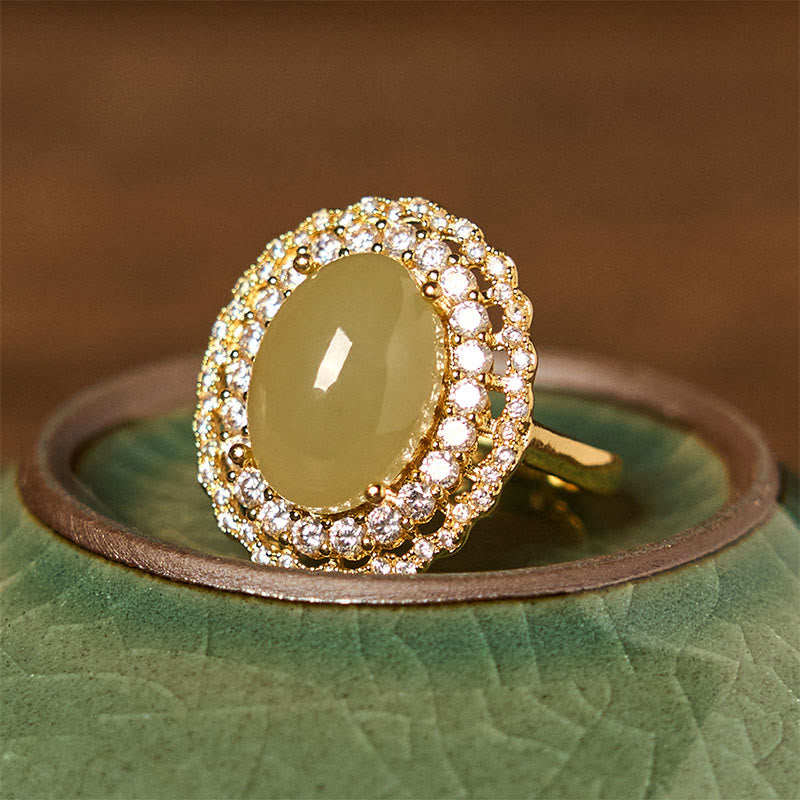 Fortune Jewel Natural Hetian Jade Egg Hollow Double Circle Zirconia Copper Open Abundance Ring