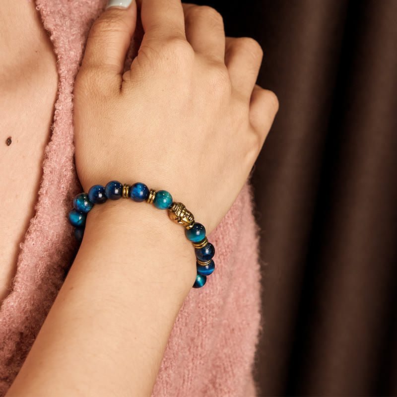 Fortune Jewel Blue Green Red Tiger Eye Buddha Head Balance Bracelet