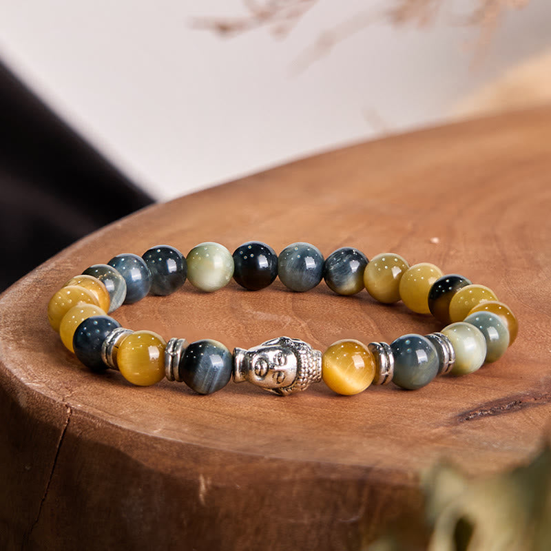Fortune Jewel Blue Green Red Tiger Eye Buddha Head Balance Bracelet