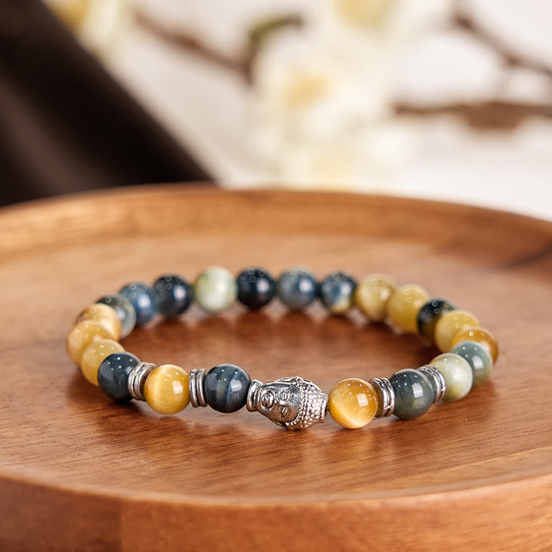 Fortune Jewel Blue Green Red Tiger Eye Buddha Head Balance Bracelet