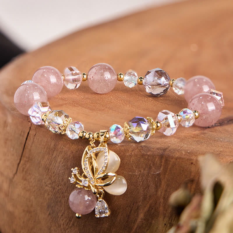 Fortune Jewel Natural Strawberry Quartz Butterfly Healing Bracelet