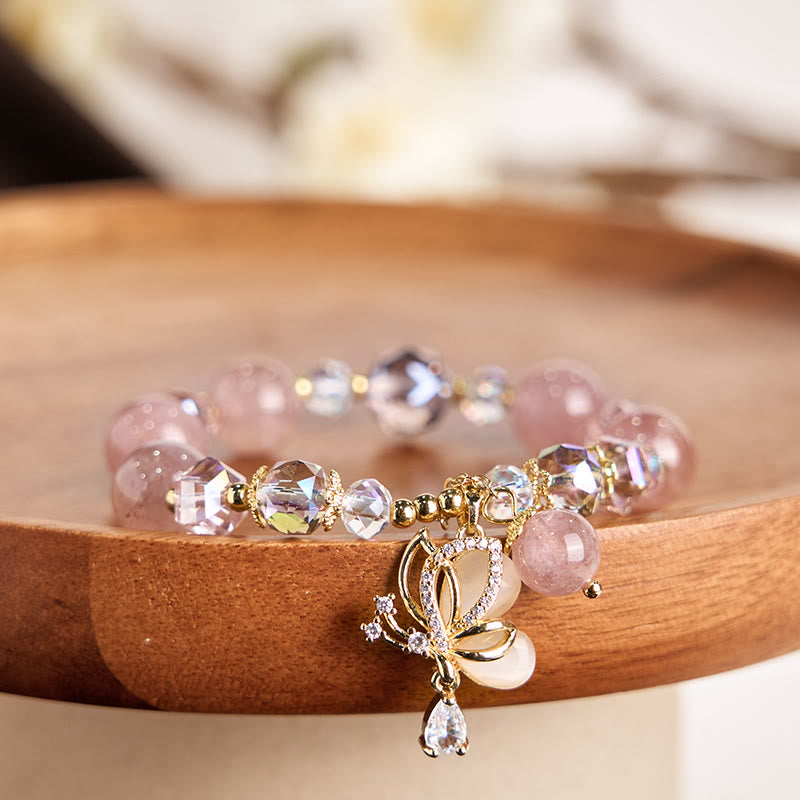 Fortune Jewel Natural Strawberry Quartz Butterfly Healing Bracelet