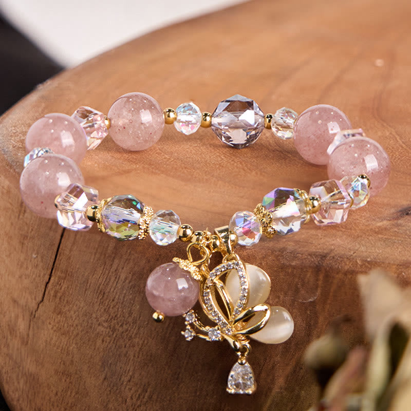Fortune Jewel Natural Strawberry Quartz Butterfly Healing Bracelet