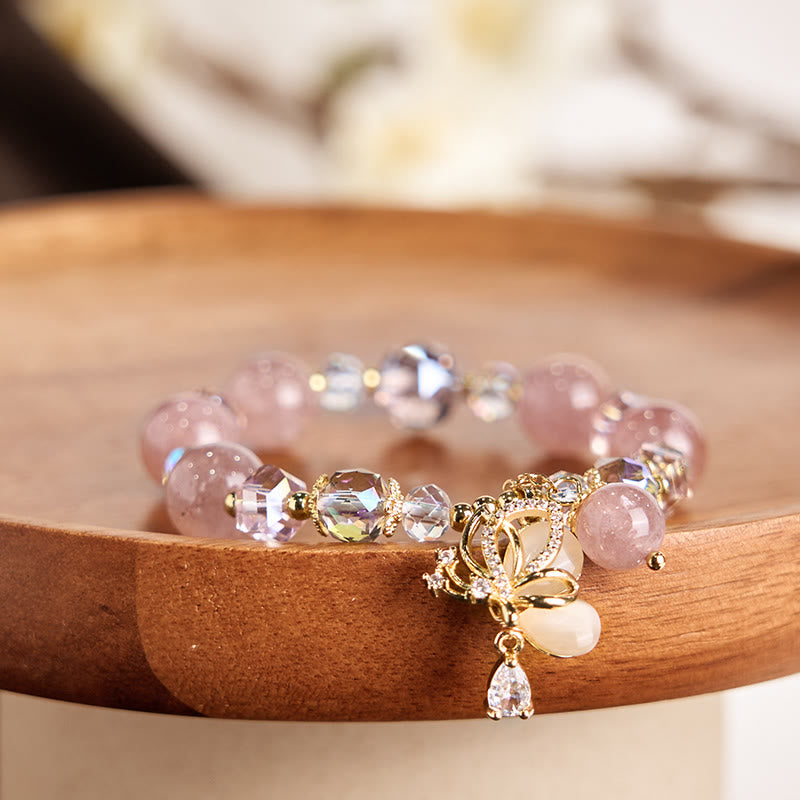 Fortune Jewel Natural Strawberry Quartz Butterfly Healing Bracelet