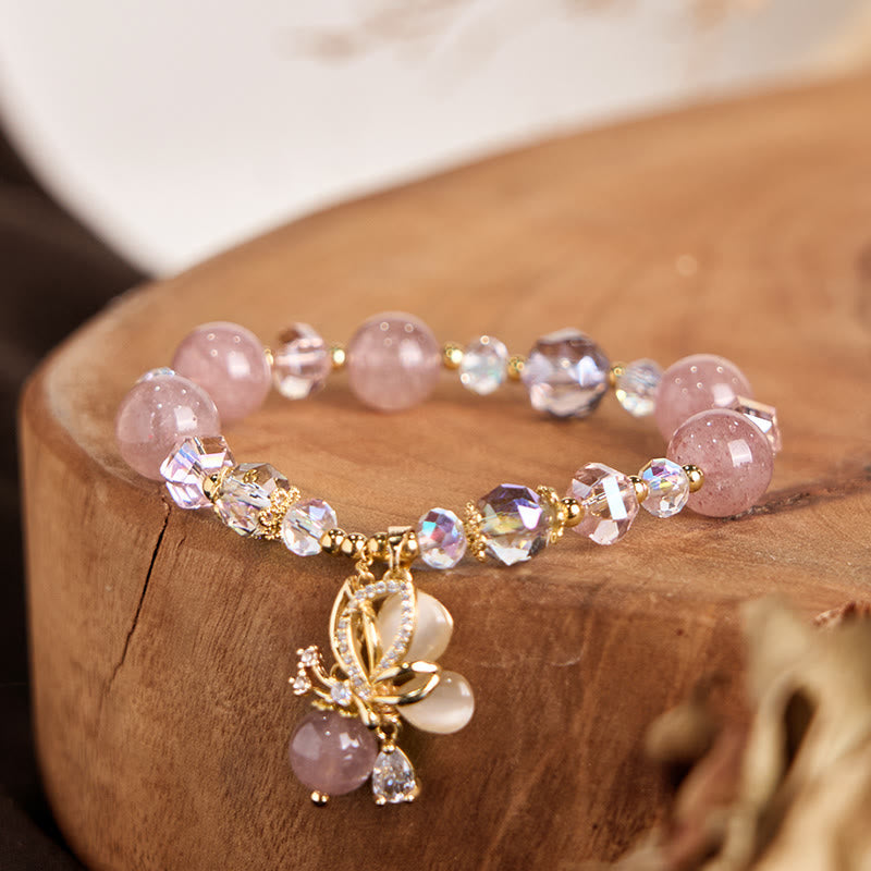 Fortune Jewel Natural Strawberry Quartz Butterfly Healing Bracelet